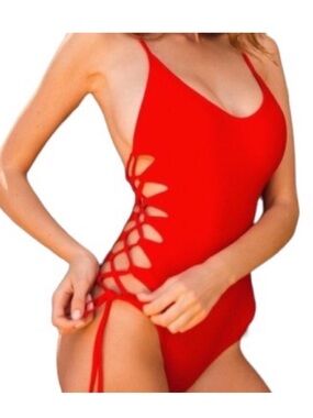 Kasa Kai NWT Side Lace Up One Piece Swimsuit in Red • S